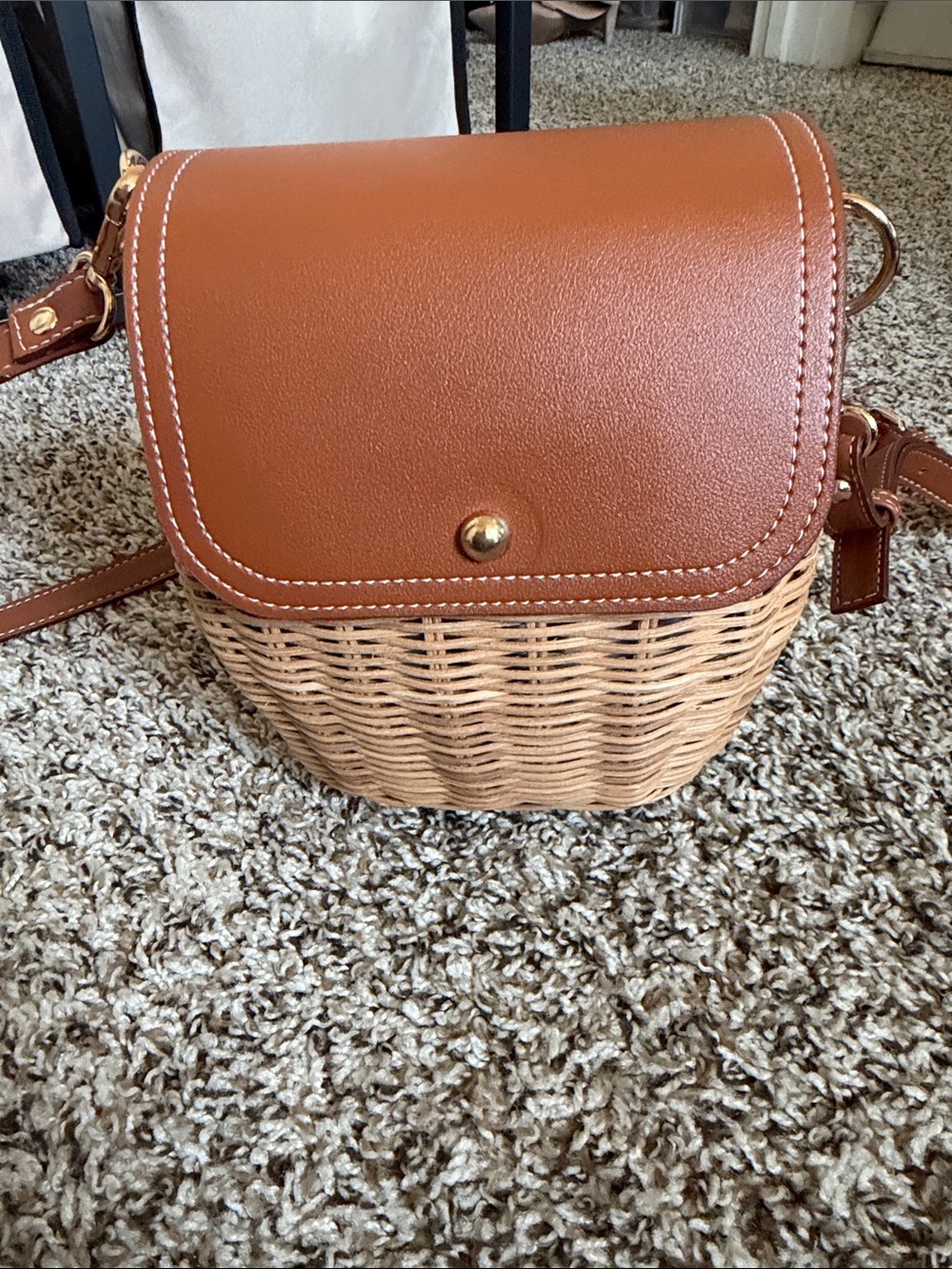 Tommy Bahama Tan Leather and Natural Wicker Crossbody Bag